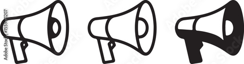 Three megaphone icons in different styles isolated on white background