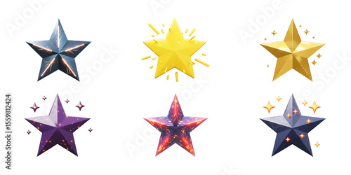 Celestial Embellishments: An ensemble of six dazzling, multi-hued stars, radiating brilliance. Representing themes like achievement, ranking, quality, and celestial wonders.