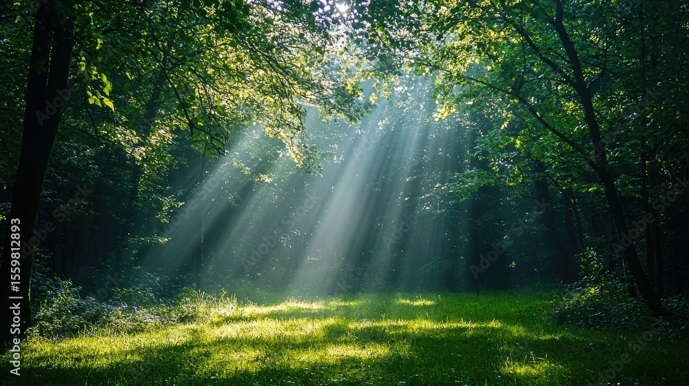 Obraz premium Sunlight Filtering Through the Lush Foliage of a Serene Forest Landscape Creating a Peaceful and Contemplative Environment for Mindfulness Practice and Spiritual Renewal