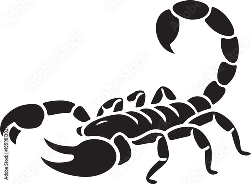 Stylized black scorpion silhouette with curved tail isolated on white background