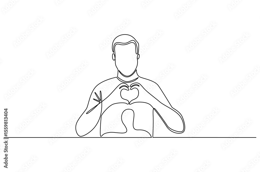 Continuous one line drawing of Young man keeps hands on chest in heart shape sign. Single line drawing illustration of Good guy. Expresses sympathy concept vector art. Doodle line illustration. Continuous one line drawing of Young man keeps hands on chest in heart shape sign. Single line drawing illustration of Good guy. Expresses sympathy concept vector art. Doodle line illustration.