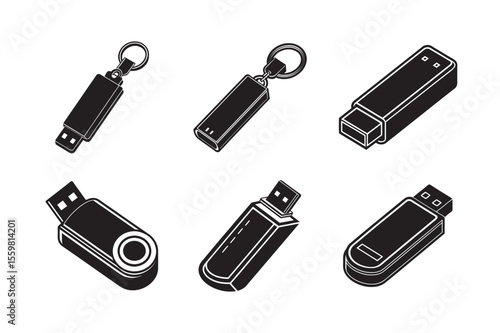 silhouettes of branded pen drive and modern set bundle on the white background