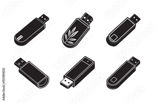silhouettes of branded pen drive and modern set bundle on the white background
