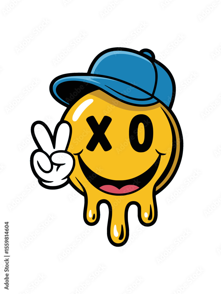 Fototapeta premium Dripping Smiley Face with Cap Peace Sign Art, Urban yellow dripping smiley face wearing a cap, showing a cartoon hand peace sign, ideal for pop, street, and graffiti-inspired designs.