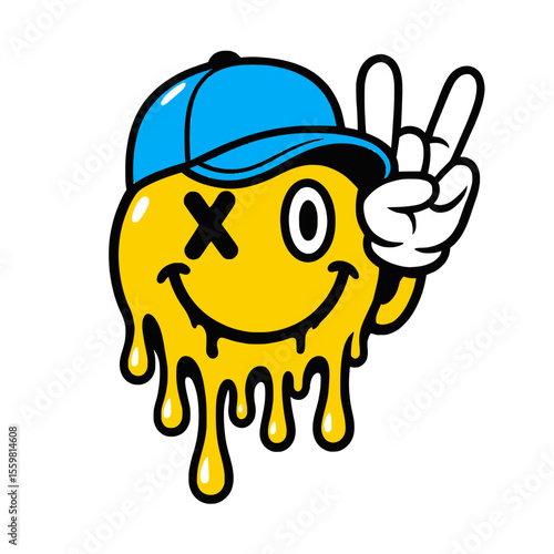 Dripping Smiley Face with Cap Peace Sign Art, Urban yellow dripping smiley face wearing a cap, showing a cartoon hand peace sign, ideal for pop, street, and graffiti-inspired designs.

