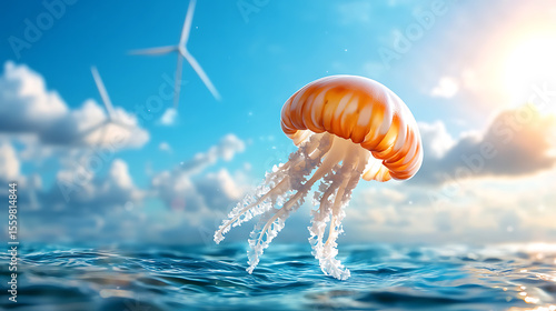 Jellyfish swimming gracefully in ocean with wind turbines coastal waters nature scene serene view marine life
