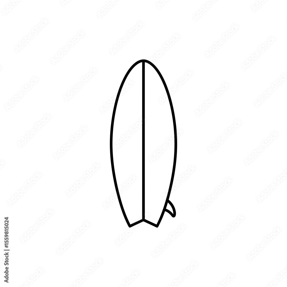 Black line icon of a surfboard representing water sports and beach activities Black line icon of a surfboard representing water sports and beach activities