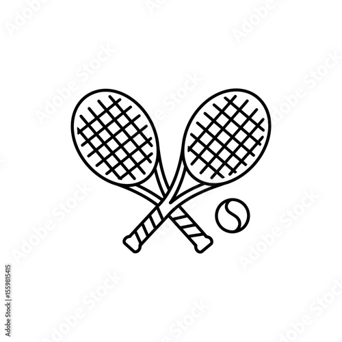 Black line icon of a tennis racket and ball representing racquet sports