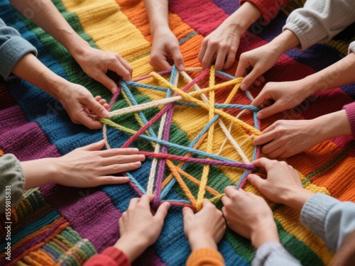 Group of People Hands Working on Colorful Yarn String Art Craft in Vibrant Textile Setting