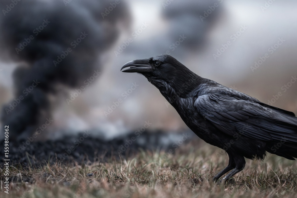 Fototapeta premium Raven Perched on Rocks with Smoky Background