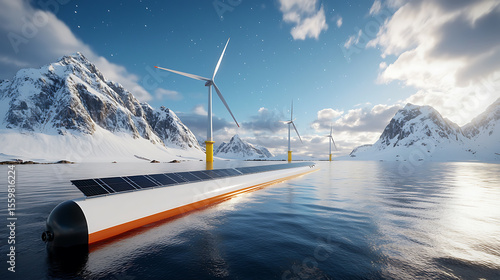 Renewable energy initiatives floating solar and wind turbines in arctic waters technology visualization scenic environment