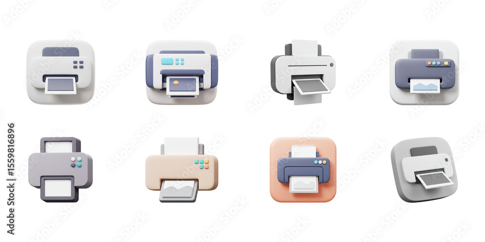 Printing Icons: A set of diverse printer icons showcase the versatility of modern printing technology, perfect for representing digital document output and office equipment. Printing Icons: A set of diverse printer icons showcase the versatility of modern printing technology, perfect for representing digital document output and office equipment.