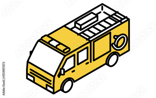 消防車のシンプルな線画アイソメトリックイラスト