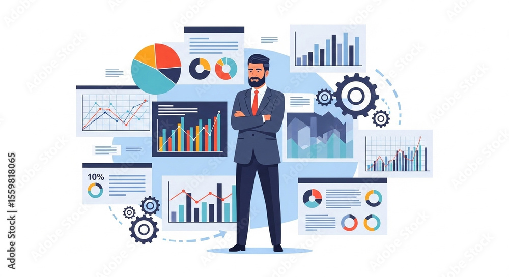 A businessman stands confidently amidst charts and graphs, representing data analysis and business intelligence. Visualizations highlight trends and insights for strategic decision-making. A businessman stands confidently amidst charts and graphs, representing data analysis and business intelligence. Visualizations highlight trends and insights for strategic decision-making.