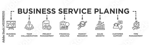 Business Service planing banner web icon illustration concept with icon of Business Plan, Team Collaboration, Project Management, Financial Analysis, Market Research, Sales Growth, Customer, time 