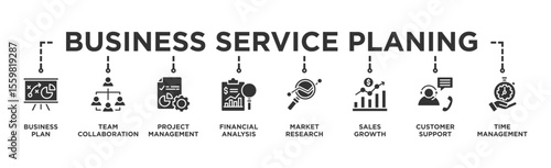 Business Service planing banner web icon illustration concept with icon of Business Plan, Team Collaboration, Project Management, Financial Analysis, Market Research, Sales Growth, Customer, time 