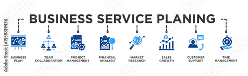 Business Service planing banner web icon illustration concept with icon of Business Plan, Team Collaboration, Project Management, Financial Analysis, Market Research, Sales Growth, Customer, time 