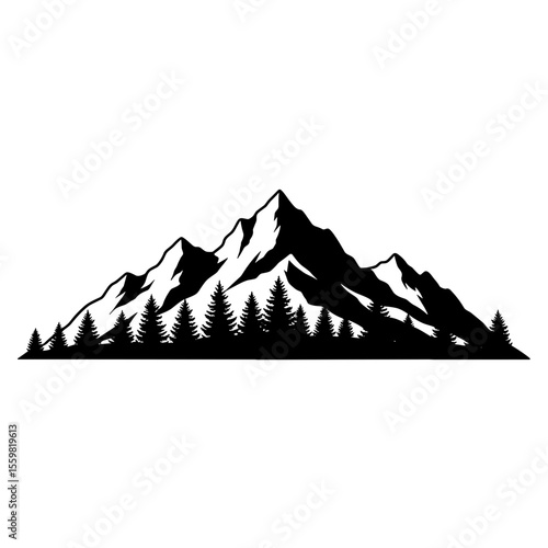 Black silhouette of mountain range with pine trees at base  
