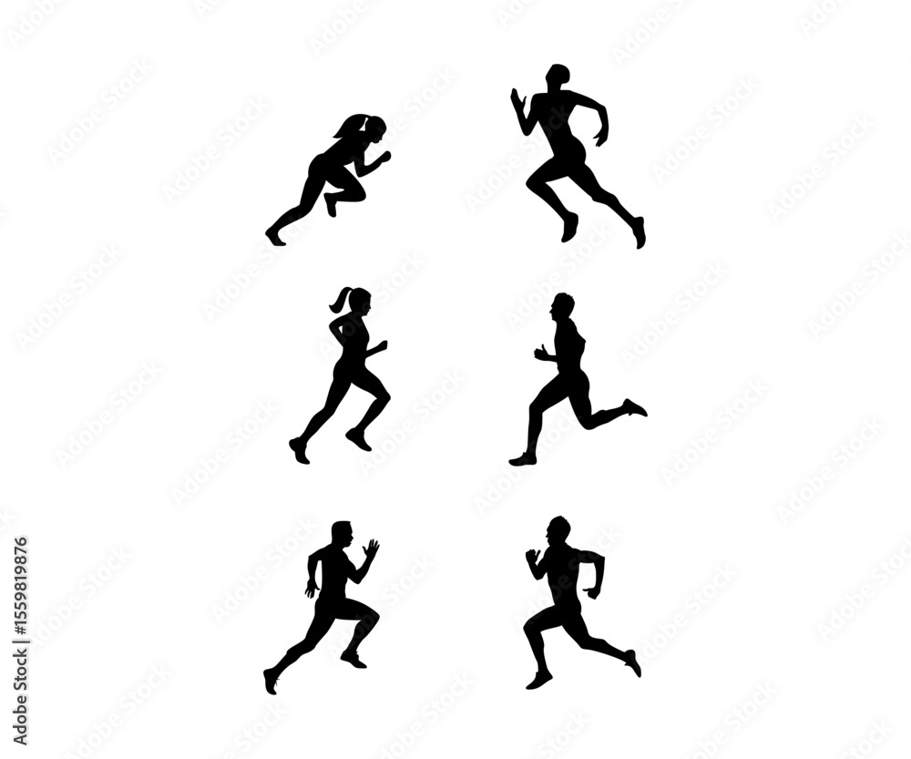 A set of six running silhouettes featuring men and women in dynamic motion. These vector illustrations capture the energy and movement of jogging, sprinting, and athletic training. Perfect for fitness A set of six running silhouettes featuring men and women in dynamic motion. These vector illustrations capture the energy and movement of jogging, sprinting, and athletic training. Perfect for fitness