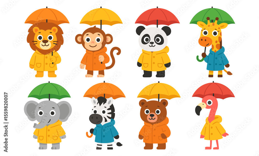 Obraz premium Charming cartoon animals with colorful umbrellas and raincoats in playful style