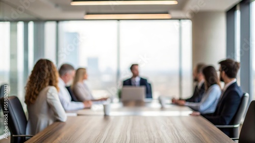 Blurred corporate boardroom scene with professionals seated around meeting table
