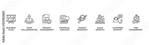 Business Service planing banner web icon illustration concept with icon of Business Plan, Team Collaboration, Project Management, Financial Analysis, Market Research, Sales Growth, Customer, time 