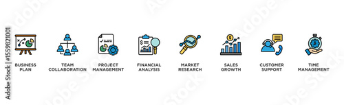 Business Service planing banner web icon illustration concept with icon of Business Plan, Team Collaboration, Project Management, Financial Analysis, Market Research, Sales Growth, Customer, time 