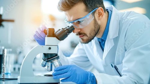 Scientist laboratory microscope research analysis male blue glove safety glasses white coat focused expression modern lab science technology discovery professional healthcare medical experiment