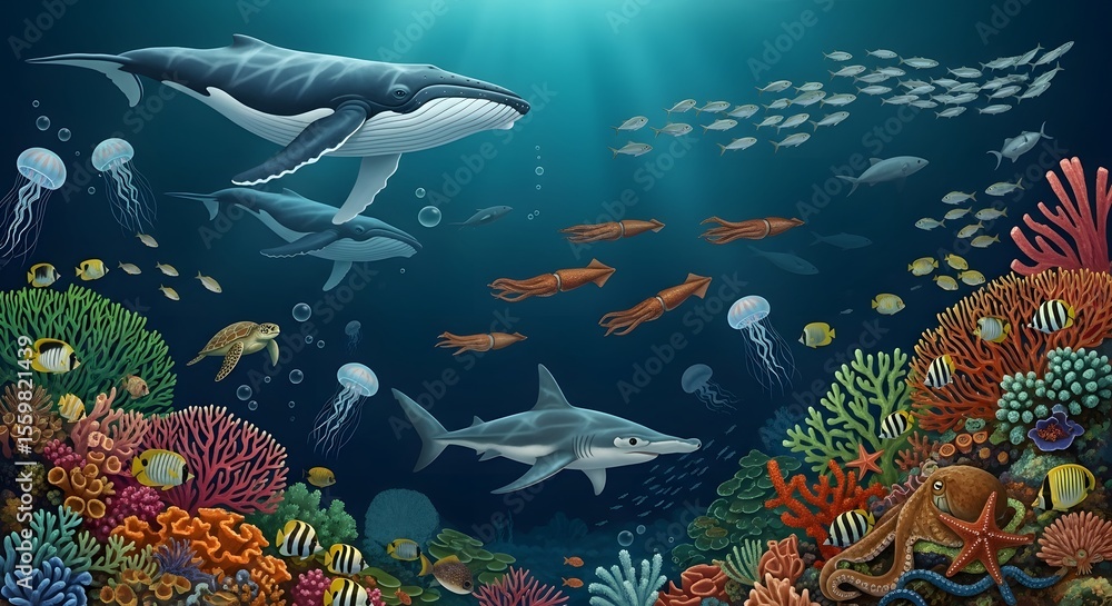 Obraz premium Underwater ocean life with whales shark squid coral reef fish jellyfish and sea turtle scene art