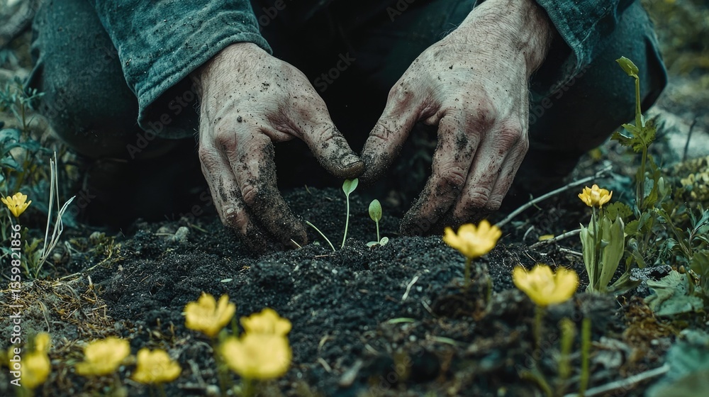 Obraz premium Close up view of hands gently planting seeds in rich earthy soil embracing the rejuvenating spirit of Spring s awakening This serene botanical scene captures the cycle of growth renewal