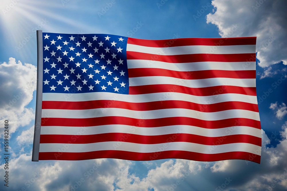 Obraz premium American flag waving in the wind against a bright blue cloudy sky