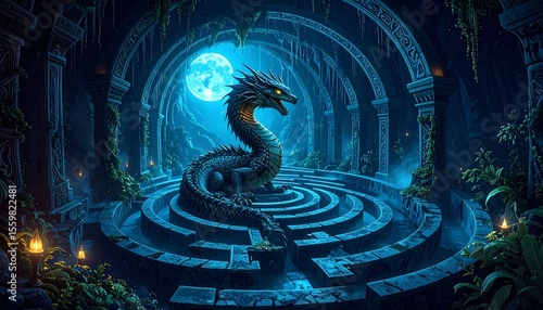 Intricate dragon navigating through a perfectly designed maze in a fantasy landscape