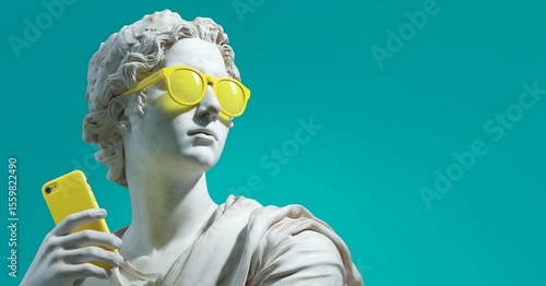 Ultrarealistic Greek statue with yellow sunglasses and phone against blue copyspace, blending modern retro futurism with striking realism.

