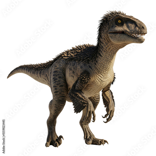 Impressive Photorealistic 3D Render of a Feathered Velociraptor or Deinonychus with Dark Spines and Yellow Eyes, Isolated