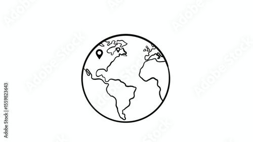 Video with the black and white planet Earth. Earth with geolocation, the place where the object or living creature is located. Geolocation, geolocation icon that appears or jumps out on the planet