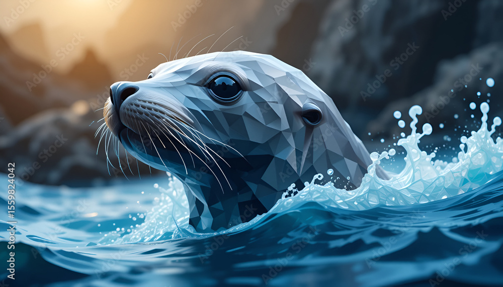 Obraz premium Geometric artwork features a seal swimming in vibrant blue water with a blurred nature background, showcasing wildlife art.