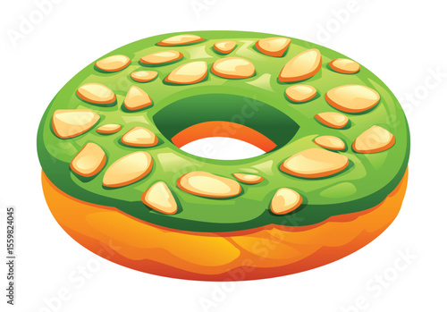 Delightful matcha frosted donut adorned with almond toppings, nutty and sweet dessert. Vector cartoon illustration