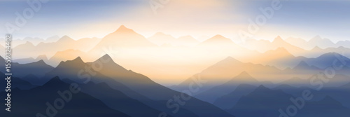Sunset in the mountains, panoramic view, gradient of ridges in fog, vector illustration
