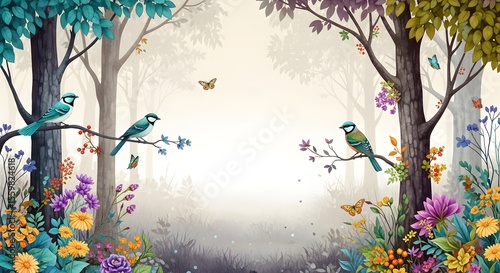 Watercolor painting of forest with birds butterflies flowers trees nature illustration art
