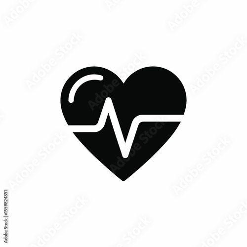A minimalist black heart shape vector icon featuring a white heartbeat line graphic symbol representing health care medical wellness fitness pulse rate monitoring cardiology life insurance