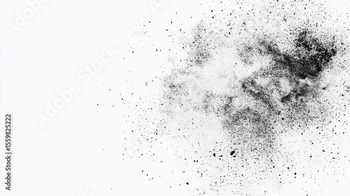 Black Dust Explosion on White Background. Abstract Powder Splatter and Texture Effect