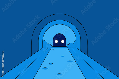 Mysterious Blue Tunnel: An illustration of a dark blue tunnel with a mysterious figure at the end, creating a sense of anticipation and intrigue.
