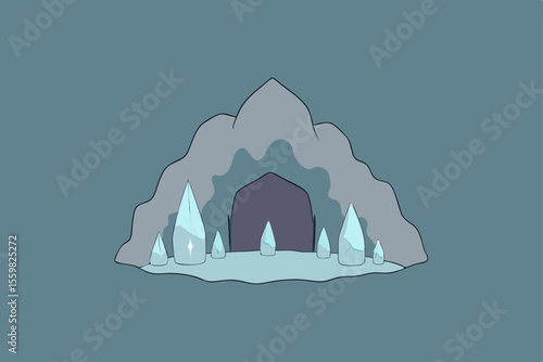 Mysterious Cavern: A captivating illustration showcases a dark cavern with prominent ice formations, set against a muted, serene backdrop.