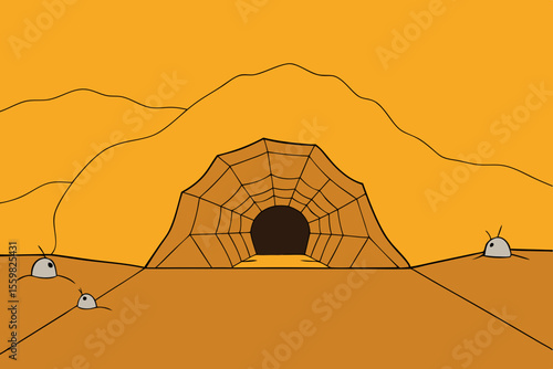 Spiderweb Cave: a detailed cartoon depiction of a cave entrance covered in spiderweb, with subtle coloring and clever shadow creating depth.