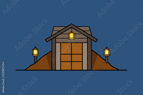Cabin Entrance Underneath the Ground: Simple illustration of a cabin or shelter entry nestled discreetly beneath the earth's surface.