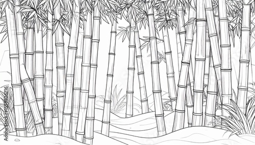 Intricate line drawing of a bamboo tree filled with lush leaves captured in black and white style