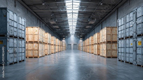 Wallpaper Mural Spacious warehouse interior with aligned wooden and metal shipping crates under daylight ceiling ideal for storage management, freight logistics and industrial distribution illustrations Torontodigital.ca