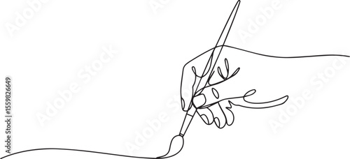 continuous line drawing of a hand holding a paintbrush with tip touching surface in artistic black and white line illustration