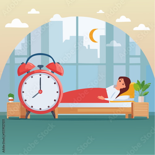 Large alarm clock next to woman sleeping in bed