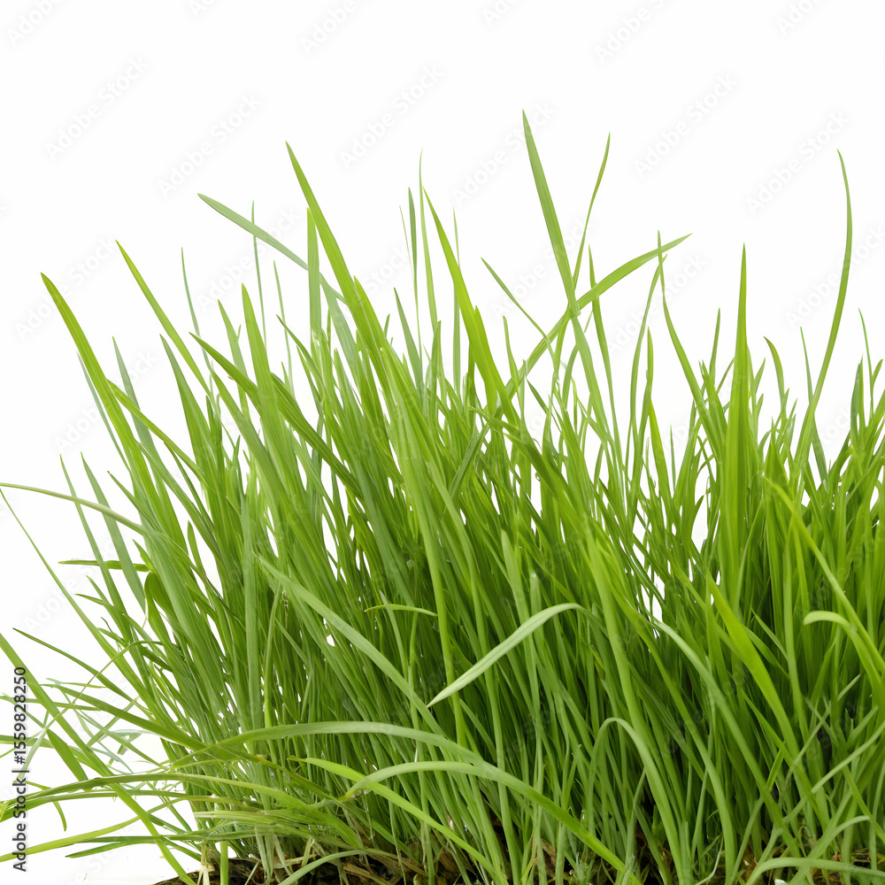 Obraz premium A realistic clump of green grass isolated on a white background, perfect for nature-themed compositions, landscaping visuals, or eco-friendly designs.